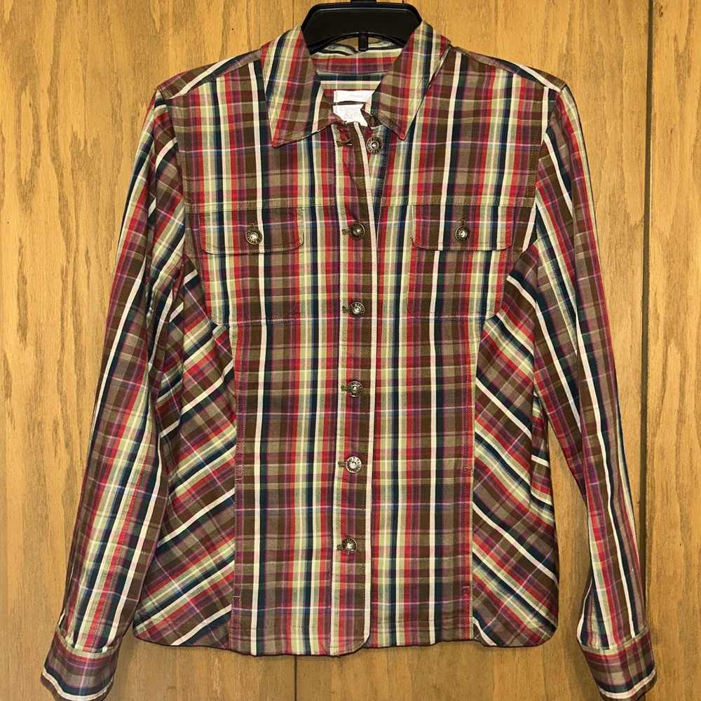 Christopher & Banks Jacket Size Medium Plaid Button Up  Coat Spandex Sleeve