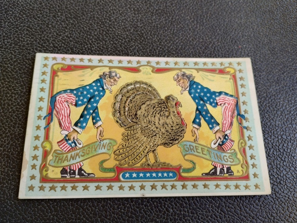 Antique American Patriotic Uncle Sam Thanksgiving Greetings Postcard 1909