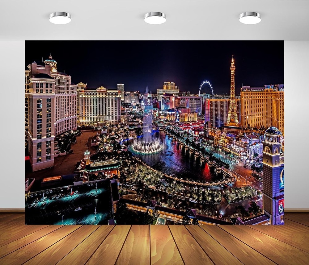 7x5ft Fabric Las Vegas Backdrop Night in Las Vegas Casino Theme Party Decorat...