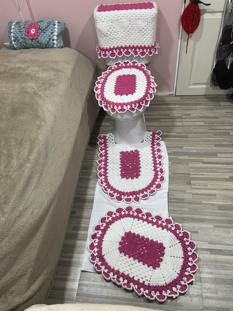 Crochet Bathroom Decoration 4 Piece Set   Hot Rose And White