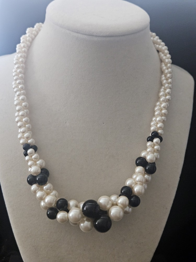 Vintage multi-strand faux pearl and black glass bead necklace.