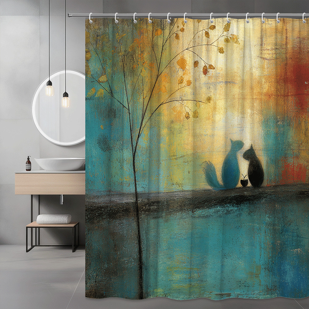 Abstract Cat Shower Curtain Blue Gold Wall Art Print