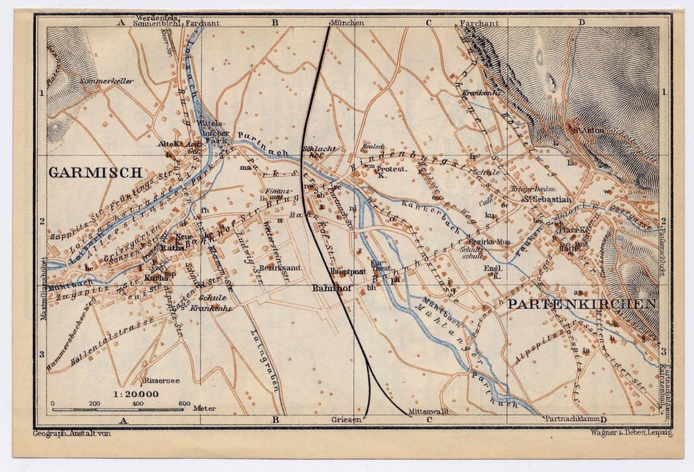 1929 Original Vintage Map Of Garmisch-Partenkirchen / Bayern Bavaria Germany