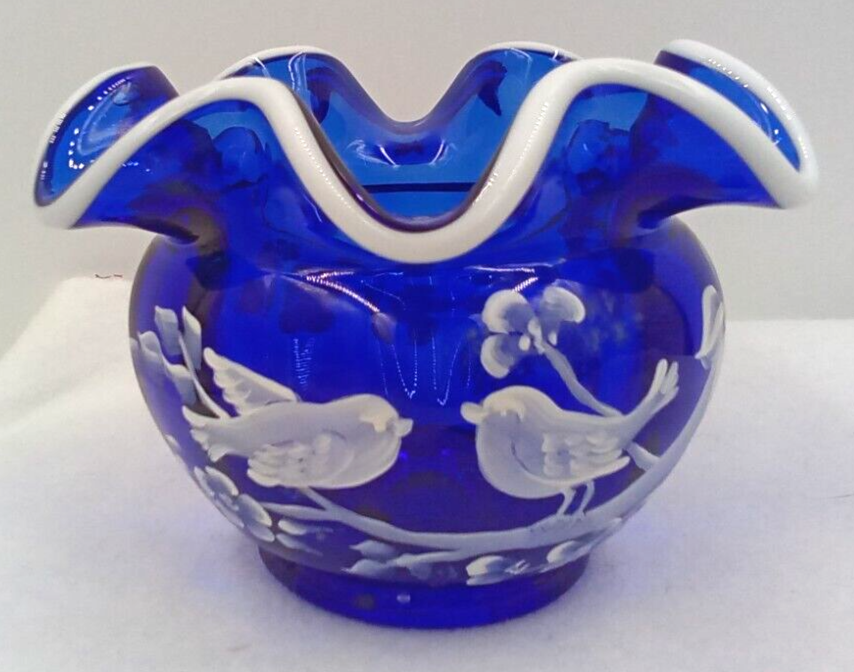 Fenton Blue Candy Bowl with Snow Crest Birds Floral Design White Trim Signed USA