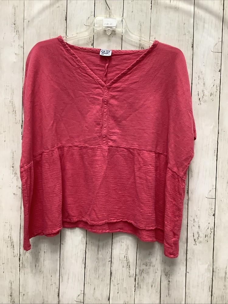 Oh My Gauze! Pink V-Neck Cotton Tunic Top with Seam Details and Flared Hem