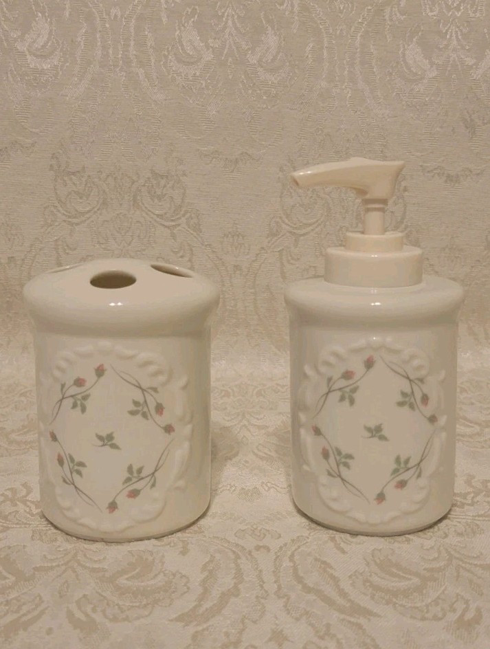 Lenox Rose Manor Bathroom Set - Soap Dispenser & Toothbrush Holder Discontinued