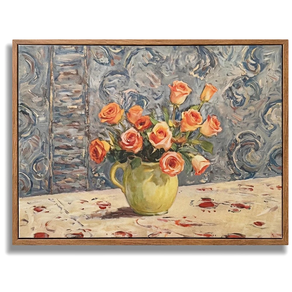 Framed Vintage Floral Wall Art, Moody Still Life Oil Painting Orange Roses, B...