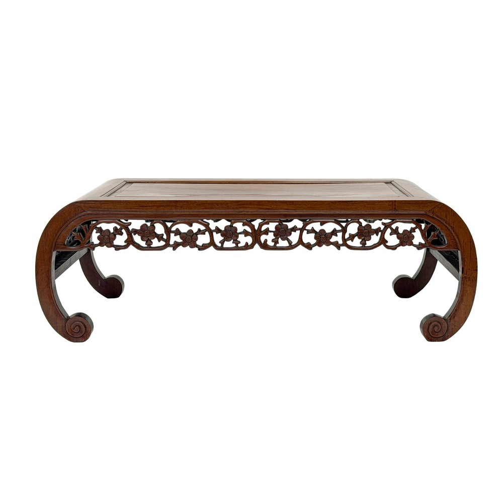 Vintage Brown Flower Open Work Apron Scroll Leg Low Kang Coffee Table GB345