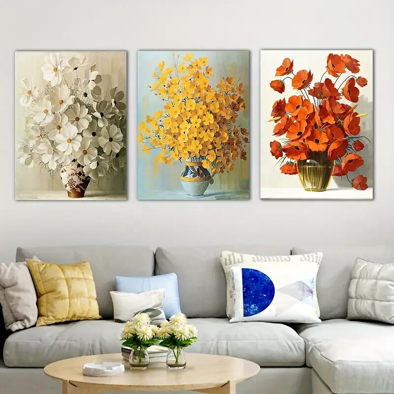 3pcs Ready to Hang Brightly colored potted flowers Metal Print wall art 40x60cm