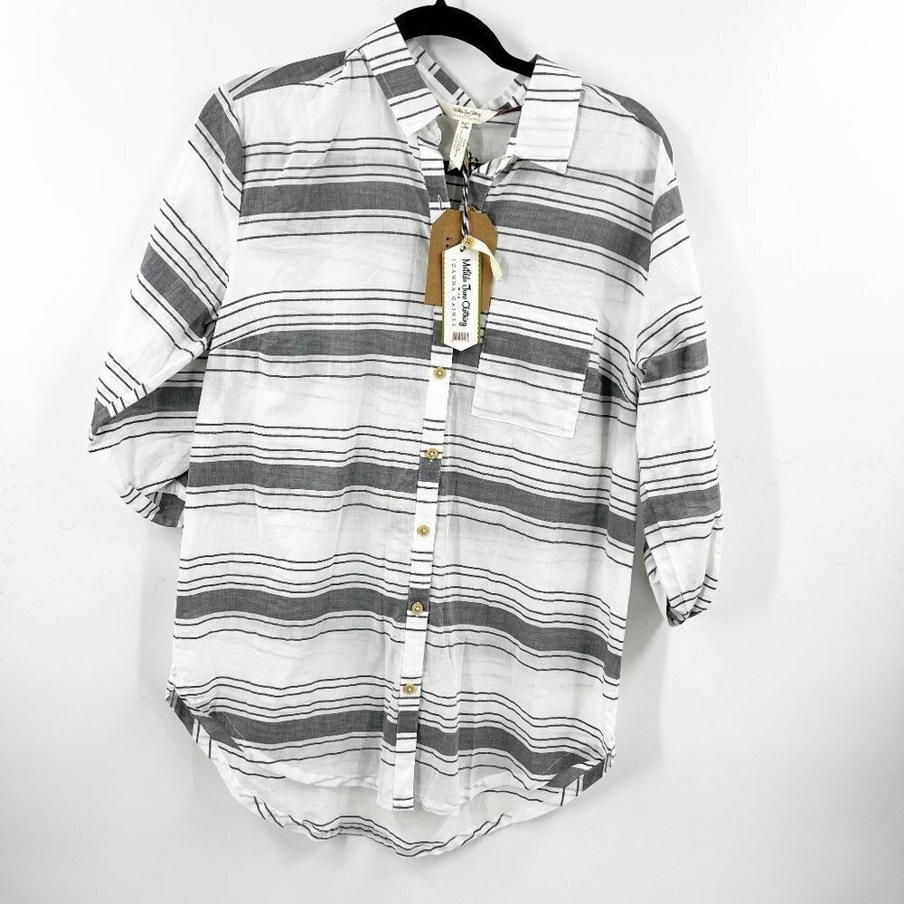 ✅ NWT Matilda Jane with Joanna Gaines Womens Gray Striped Button Up Shirt Small
