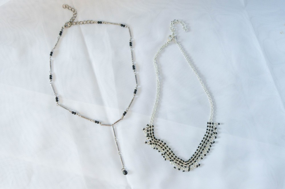 Vintage 90's - set of 2 choker styly black seed bead and silver necklaces