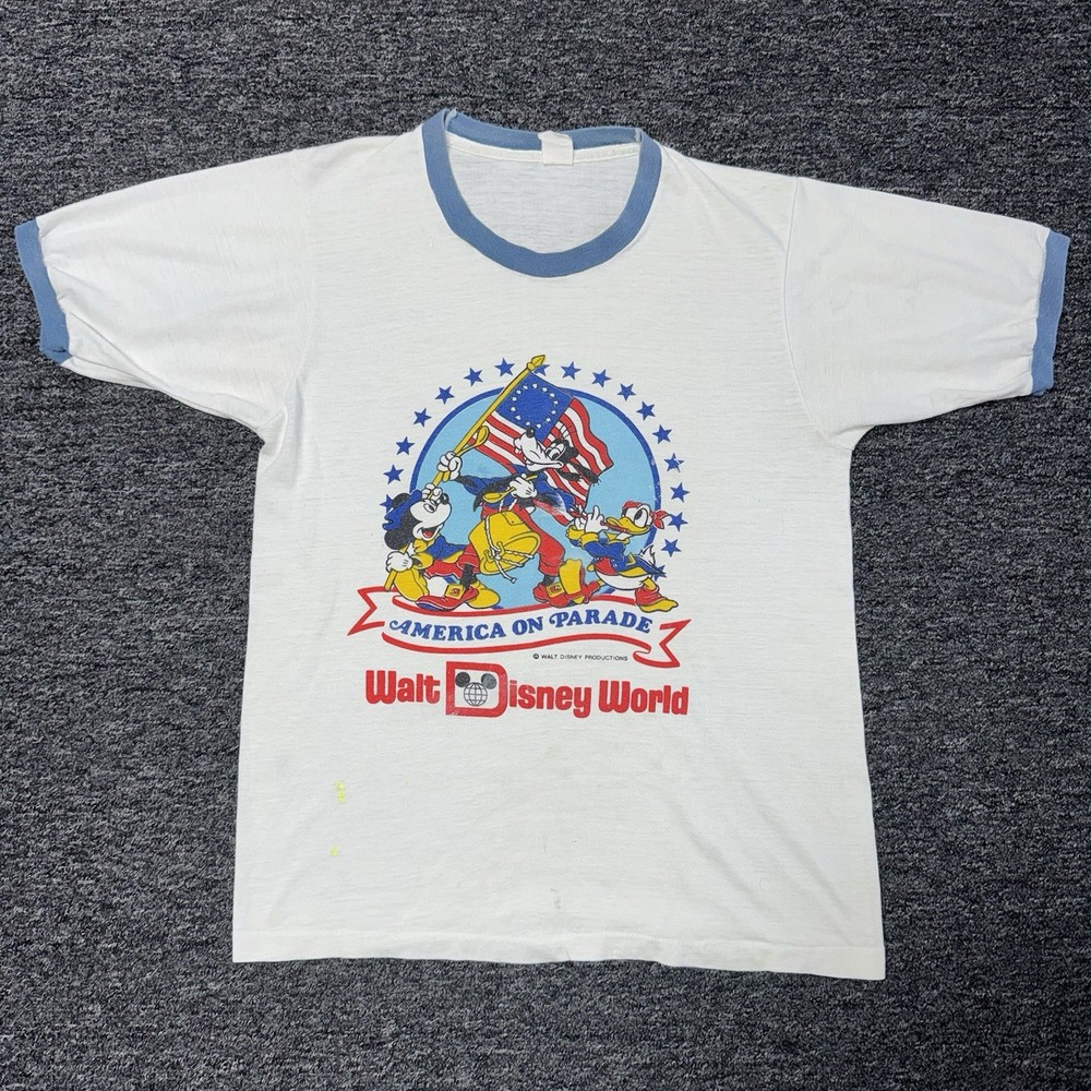 Vintage 70s Walt Disney World America On Parade White Ringer T-Shirt - Size M