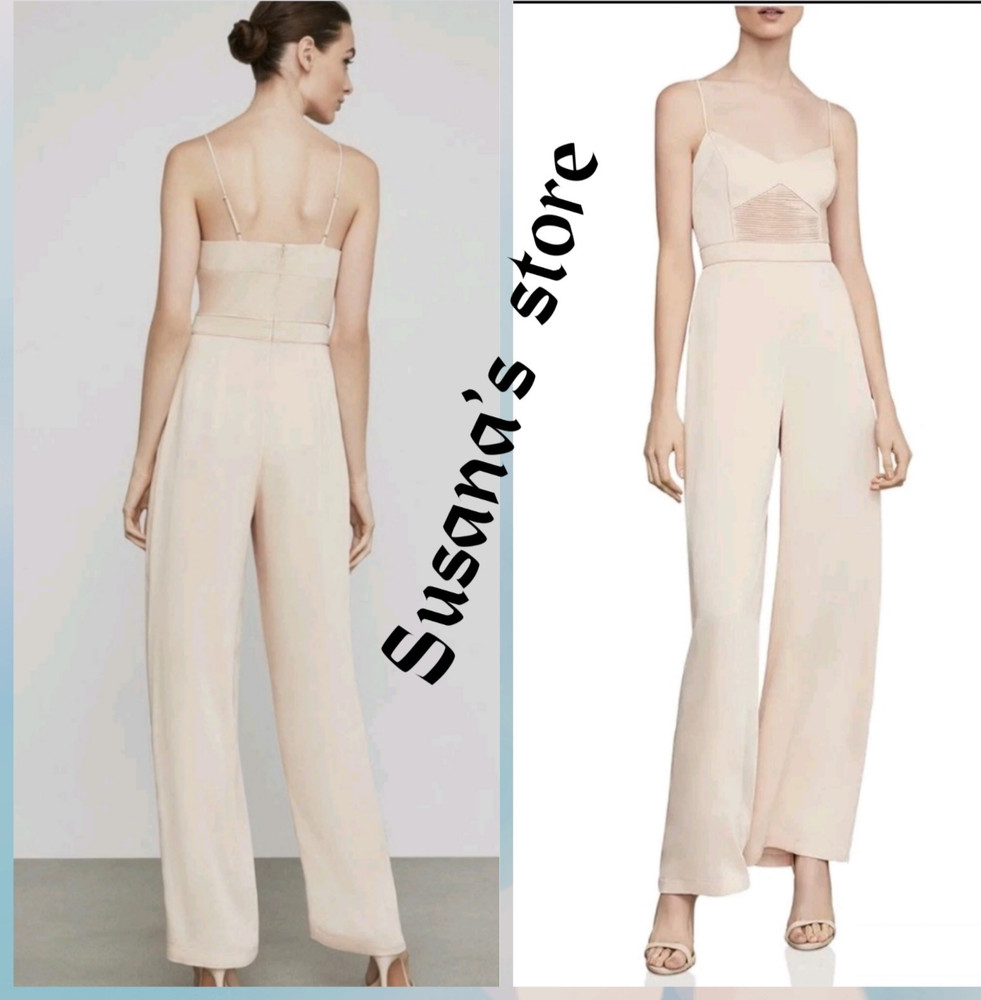 Nwt Bcbg Maxazria Size Xs Almond Pink Satin V-Neck Pleated Wide Leg Jumpsuit