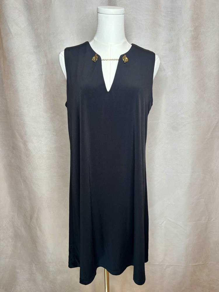 Calvin Klein Black Sleeveless Shift Dress Gold Chain Detail Women’s Size 8
