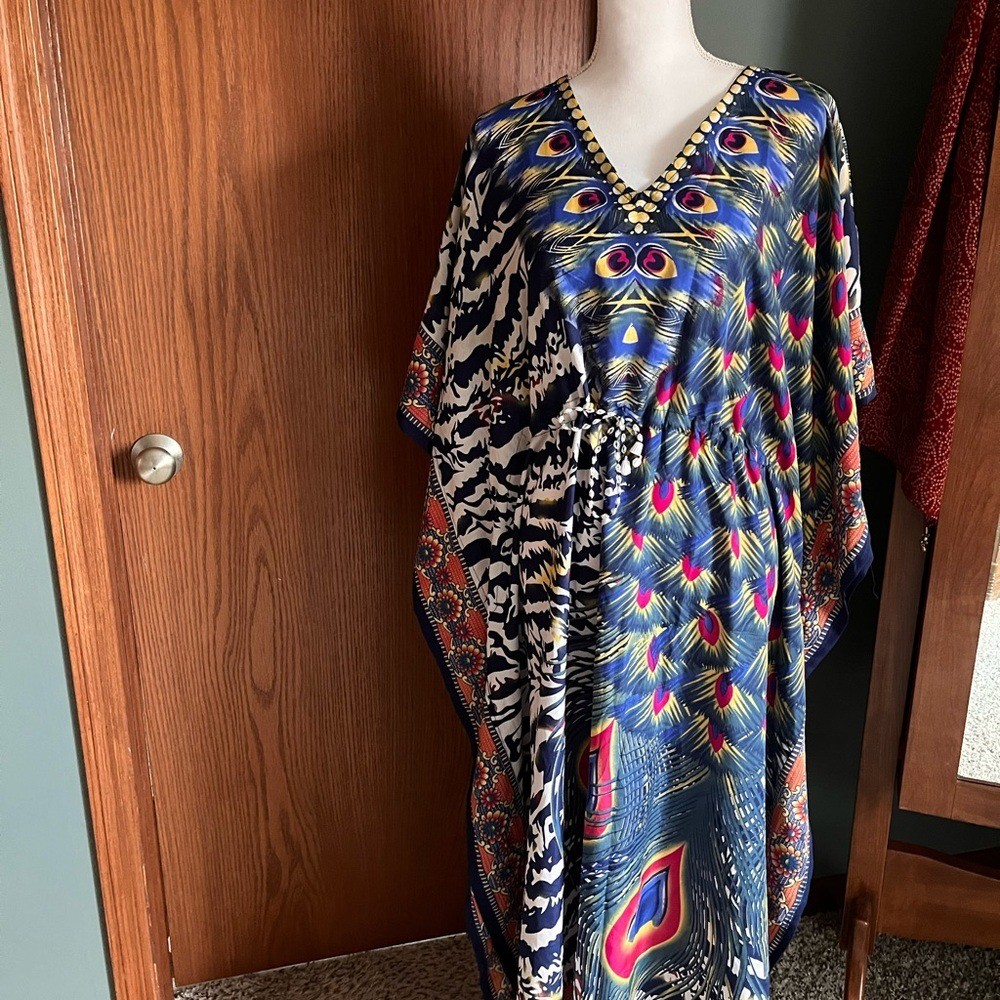 Vibrant Peacock Print Kaftan Dress
