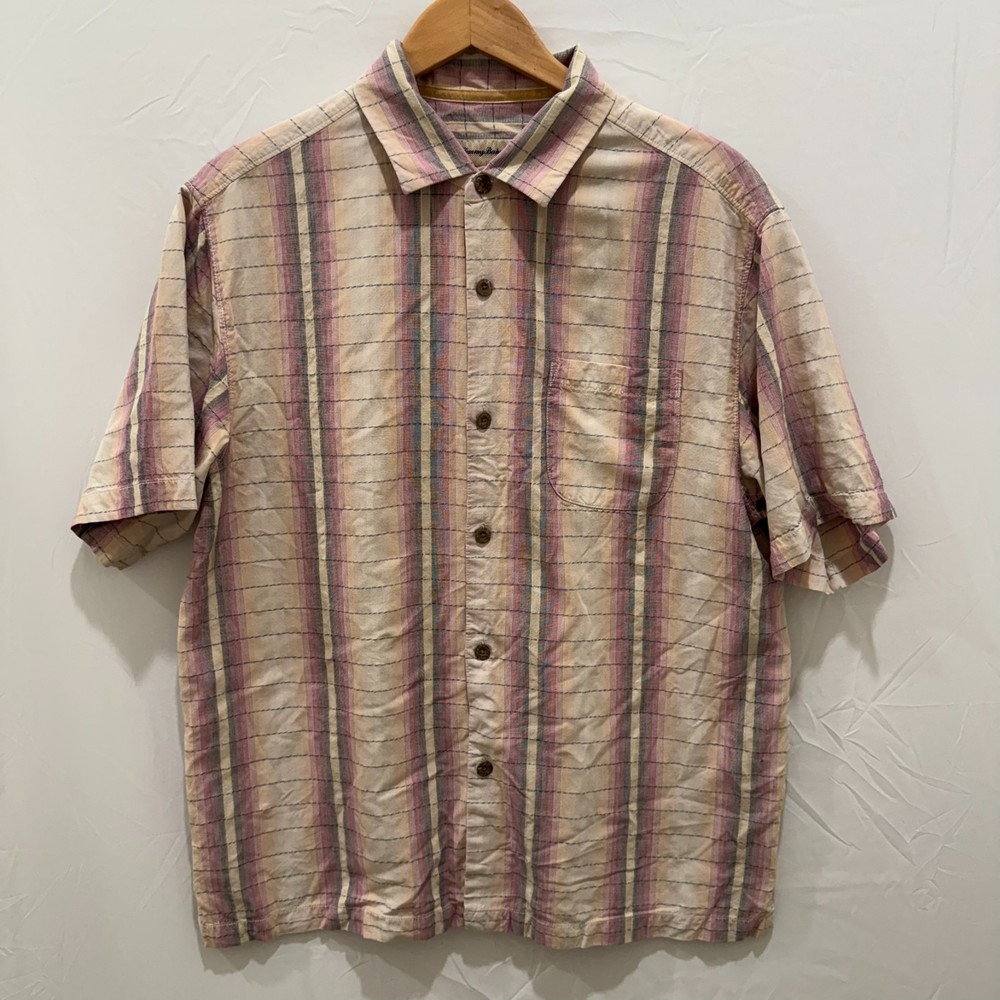 Tommy Bahama Shirt Men L Silk Cotton Striped Short Sleeve Camp Button Up Striped