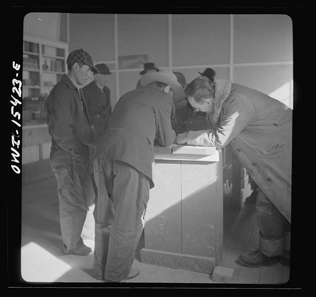 Photo:1930s Men at Counter in Store Interior Waiting Line Print