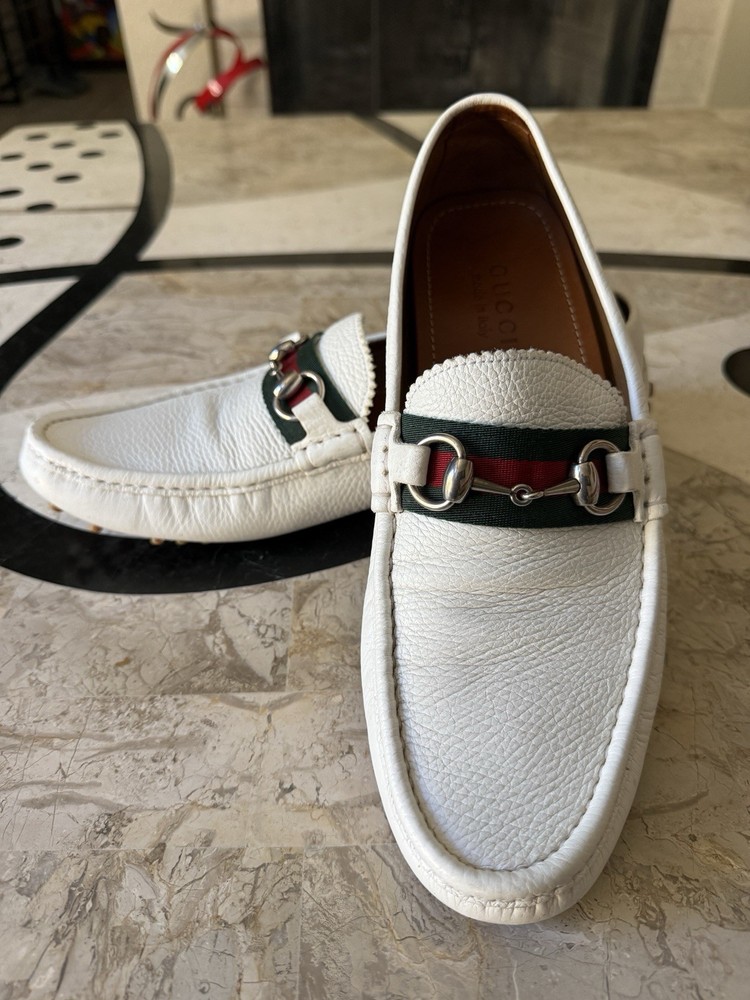 Gucci White Pebble Leather GG buckle Comfort Loafers Shoes Men's UK 8 US 8.5