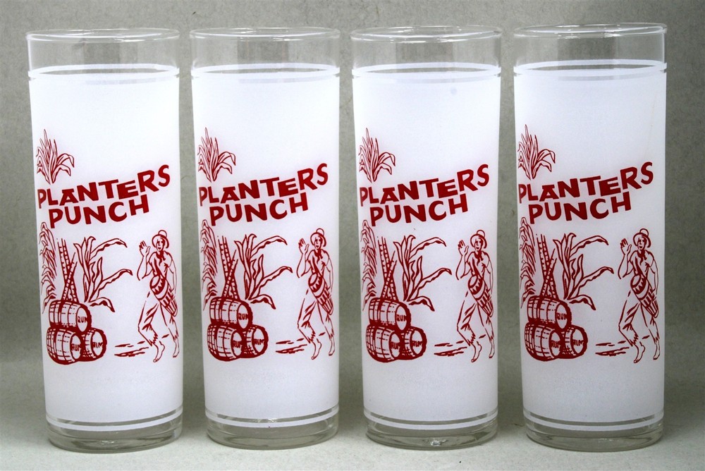 Set of 4 FEDERAL Frosted Glass PLANTERS PUNCH Highball Tumblers Tall Bar Glasses