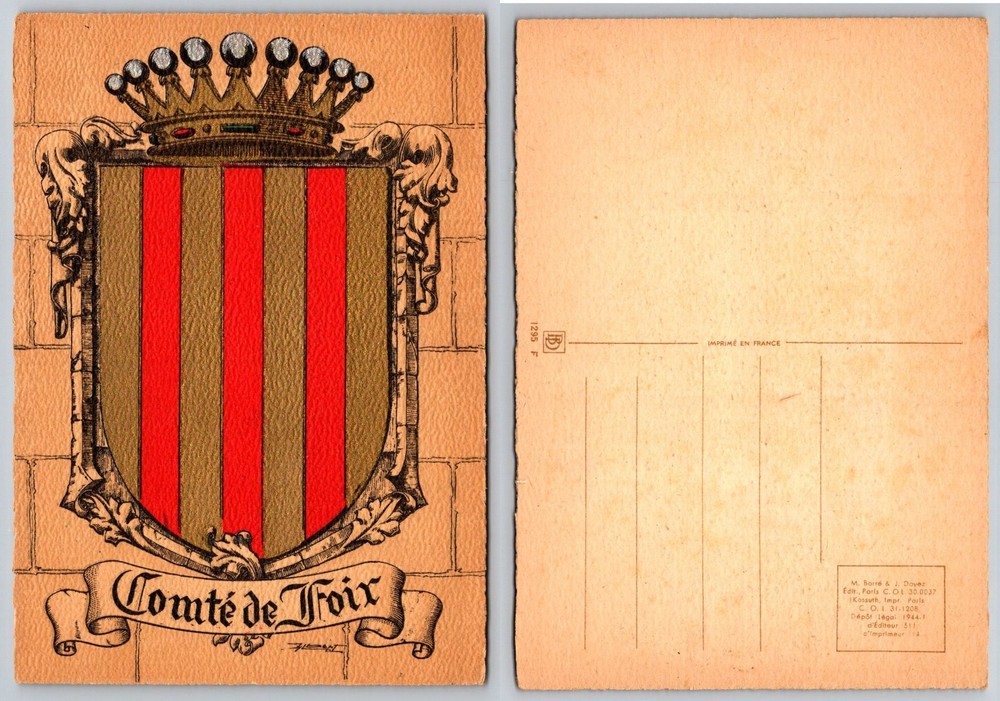 Comté de Foix Coat of Arms Postcard 1944 French Heraldry Embossed