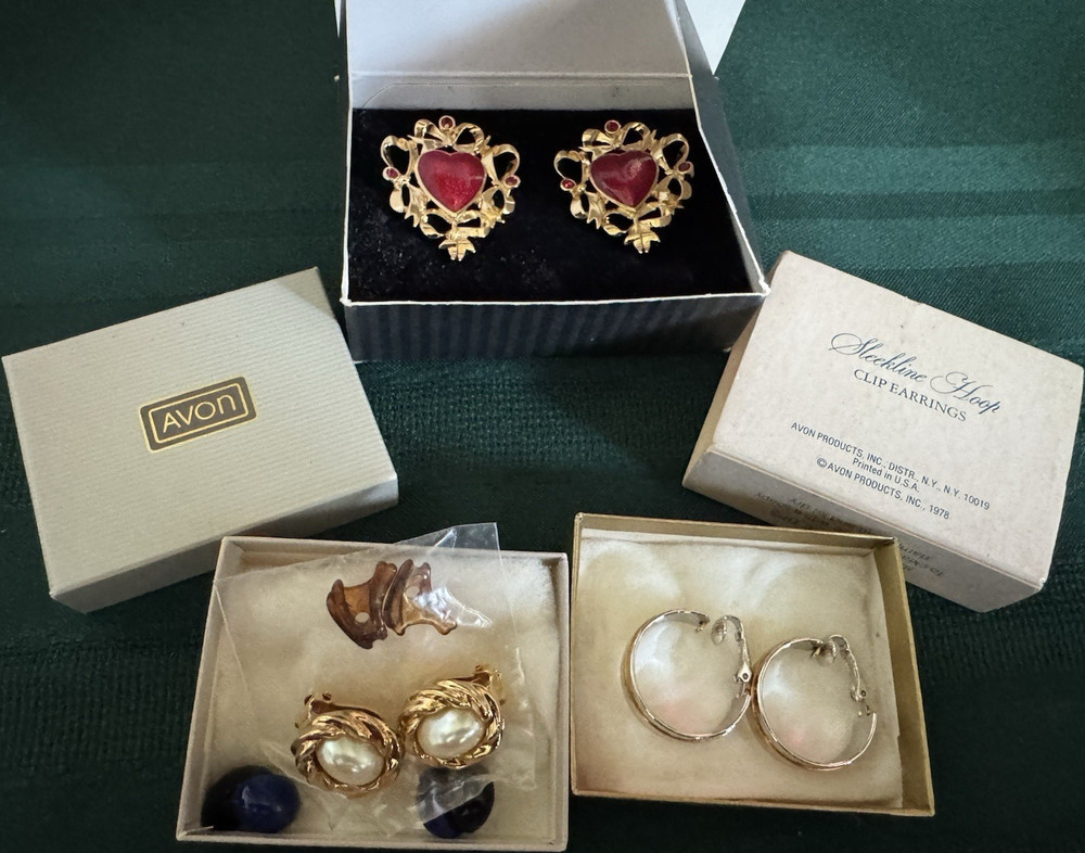 Vintage Avon Clip-On Earrings Lot of 3  Gold Tone Heart Pearl Hoop Blue Cabochon