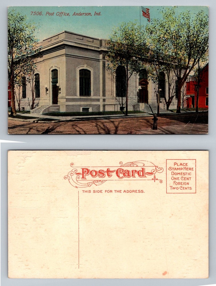 Anderson, IN-Indiana, Post Office Building Street View Trees Vintage Postcard