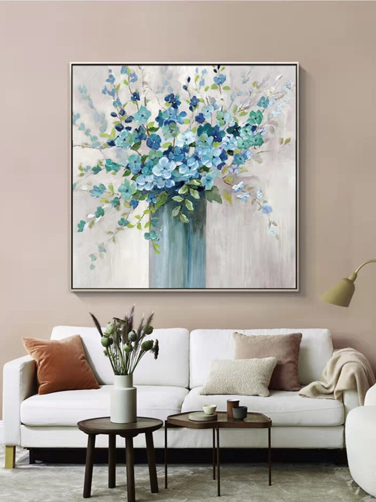 Blue Flowers Vase Artwork Oil Painting Abstract Bouquet Canvas Painting Wall