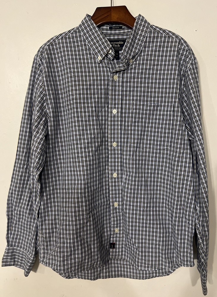 Abercrombie & Fitch Muscle Shirt Mens M Blue Plaid Button Up Long Sleeve