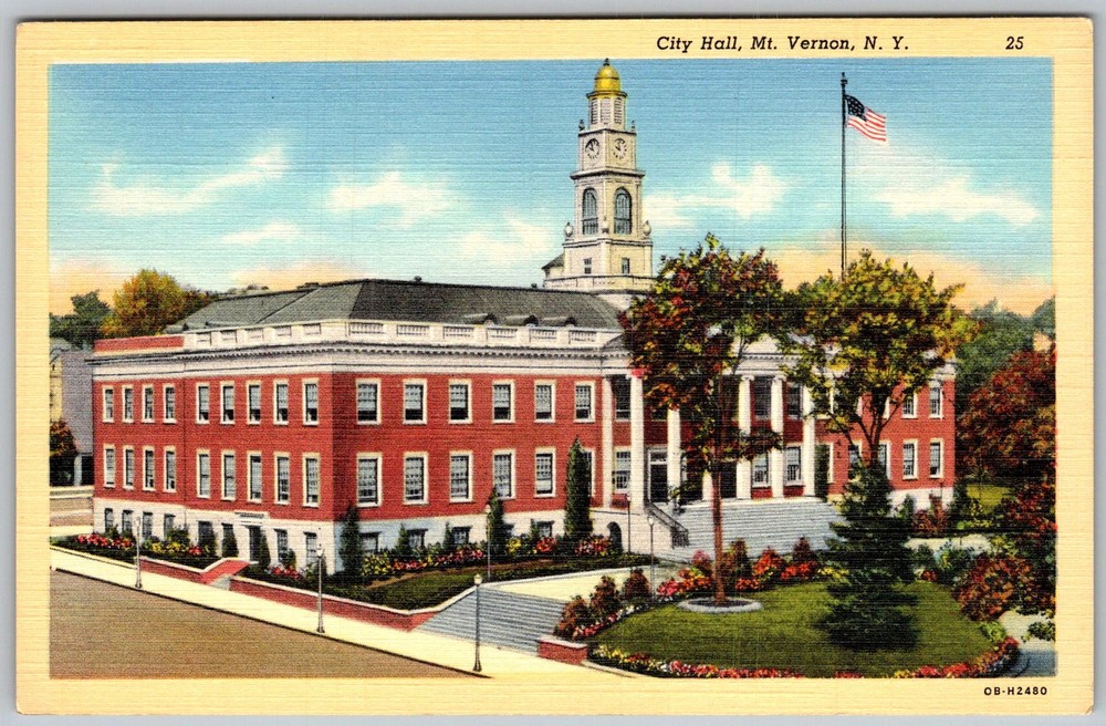 Vtg Linen Postcard City Hall Clock Tower MT Vernon, NY 1940s