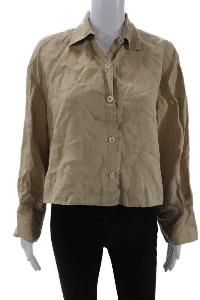 Zara Womens Beige 100% Linen Collared Button-Up Long Sleeve Shirt Size SFree Shipping in US $100+ Orders | $6.95 Orders Below