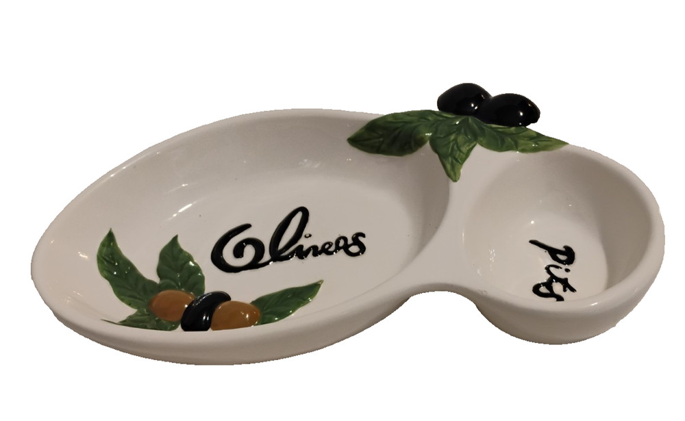 Ceramic Olive Serving Dish Divided For Olives & Pits Hand Painted