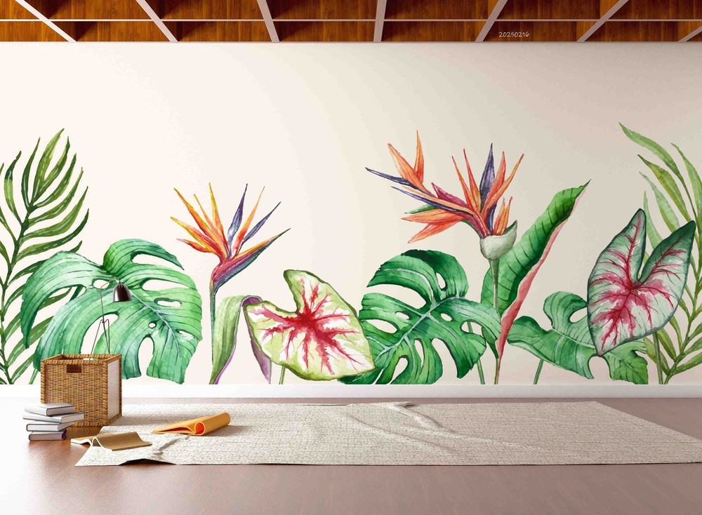 3D Tropical Plant Leaves Watercolor Wall Murals Wallpaper Murals Wall Sticker