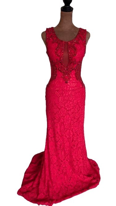 Red Beaded Lace Illusion Evening Gown Formal Prom Pageant Maxi Dress
