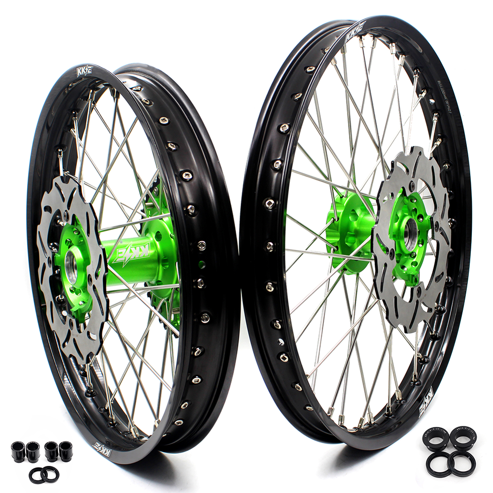 KKE 21/18 Dirt Bike Enduro Wheels Rim Fit Kawasaki KX125 KX250 2003-05 CNC Green