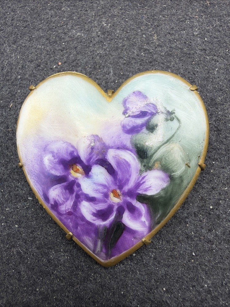 Antique Hand Painted Porcelain Brooch Purple Violets Green Heart Shaped Vintage