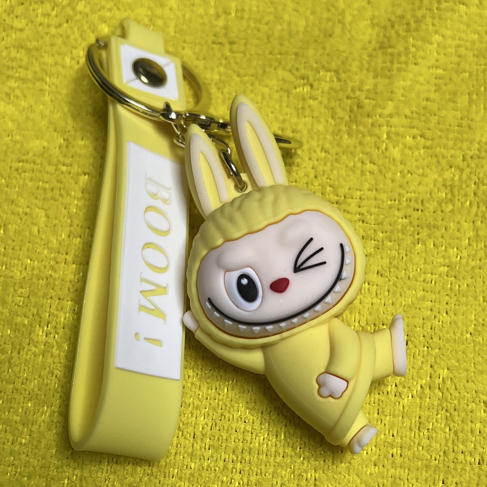 Yellow & White Cartoon Bunny Keychain w/ BOOM Strap, Detachable Keyring, Rubber