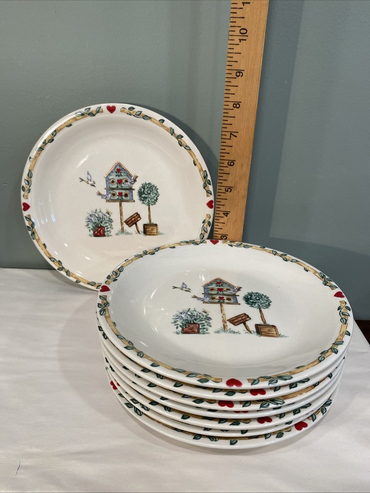 Vintage Thomson Pottery Birdhouse Salad Plates Set of 8 Cottage Farmhouse 7-5/8”