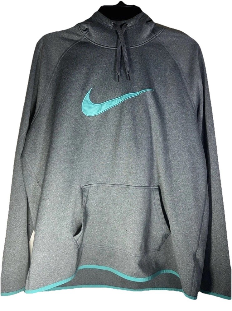 Nike Women's Therma Dri-FIT Pullover Hoodie Grey Aqua XL Kangaroo Pocket