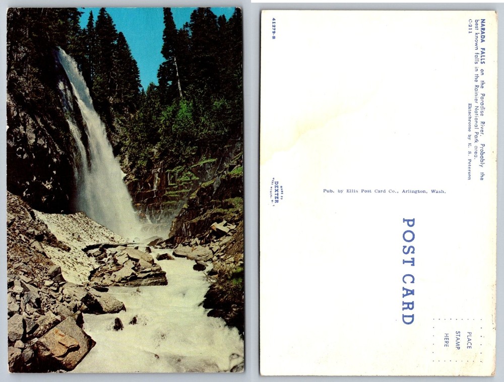 Narada Falls Mt Rainier National Park WA Chrome Postcard Ellis Dexter
