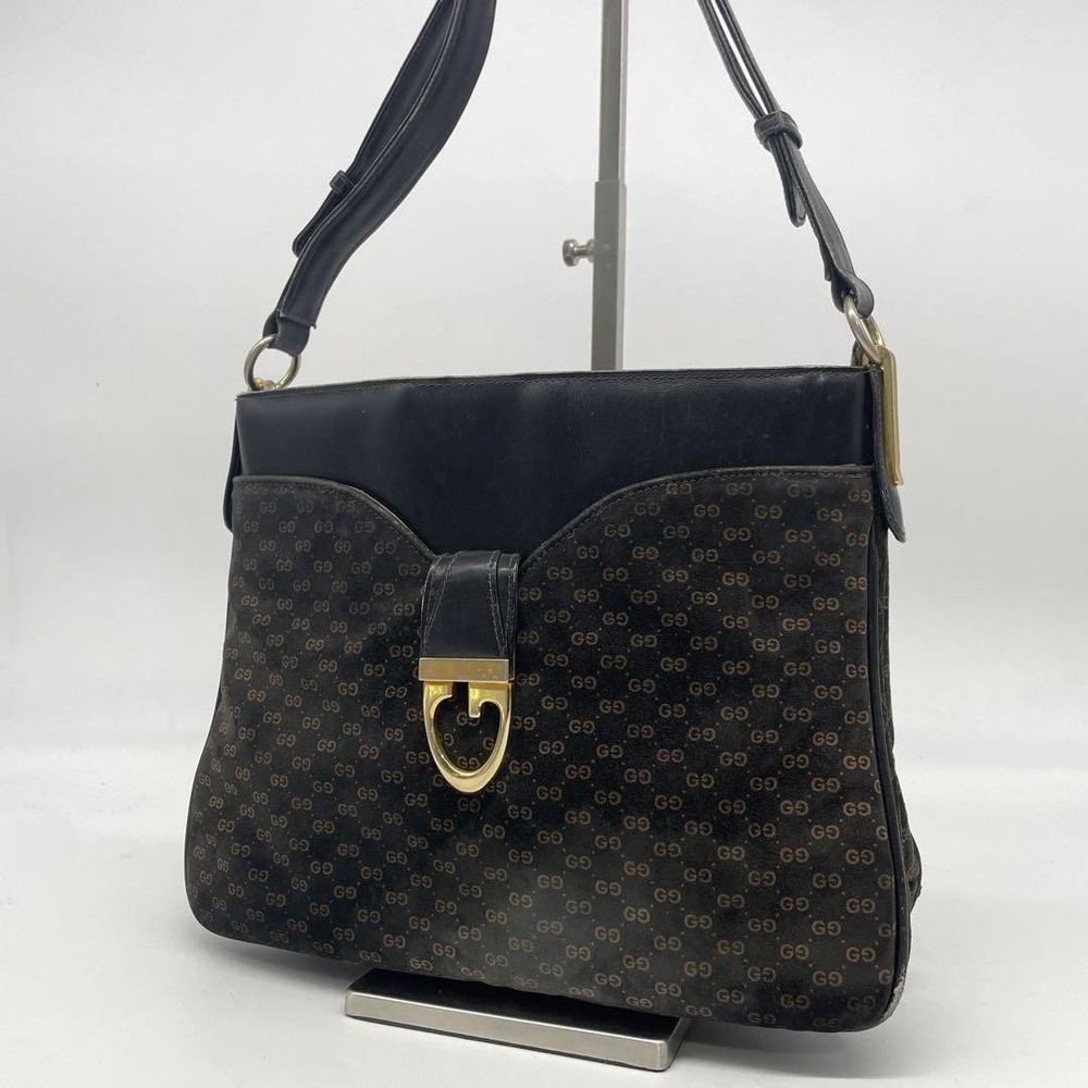 Authentic Old Gucci One Shoulder Bag GG Supreme G Hardware Suede Leather Brown