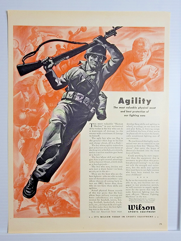 Vintage 1943 Wilson Sporting Goods Soldier WWII 11x14 ad