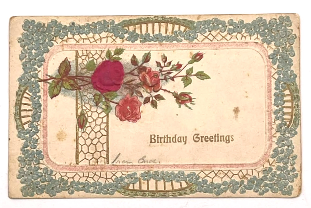 Birthday Greetings Roses Floral Embossed Border Antique Postcard