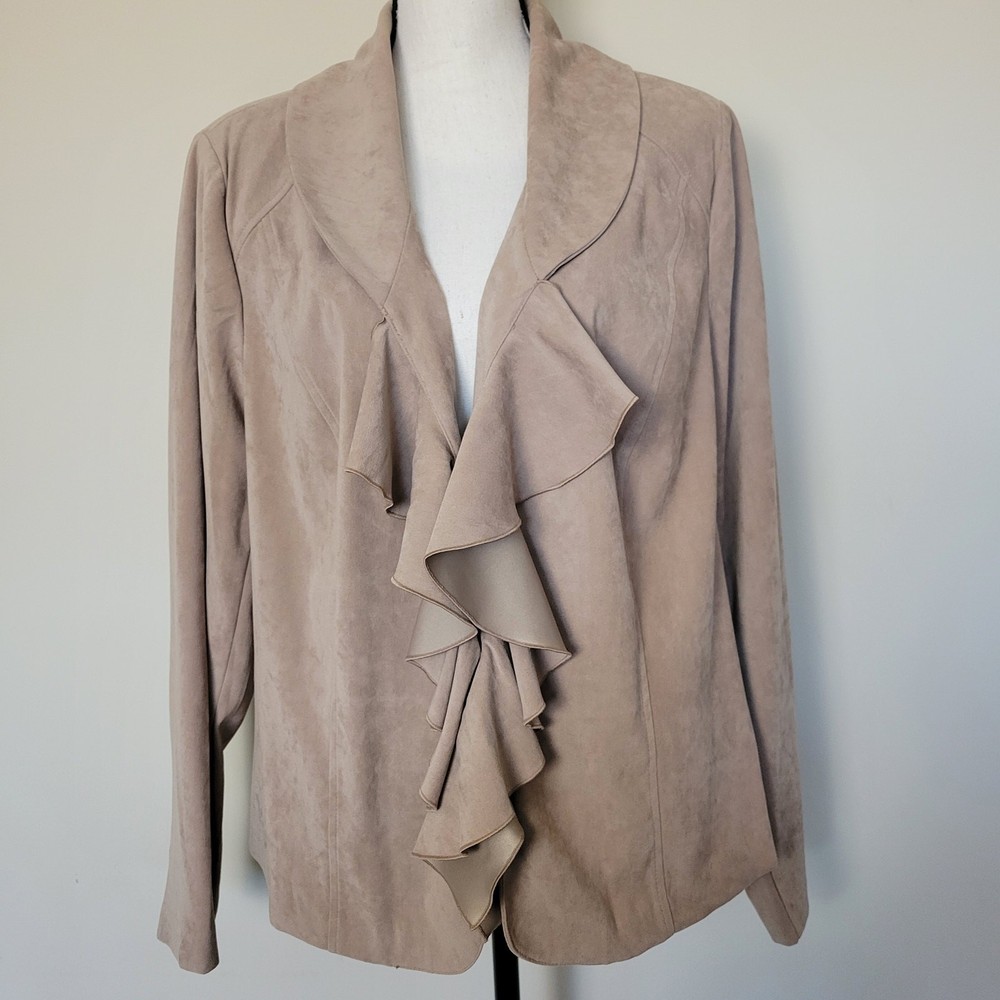 Cato Woman Size 20W Ruffle Front Long Sleeve Moleskin Faux Suede Jacket Blazer