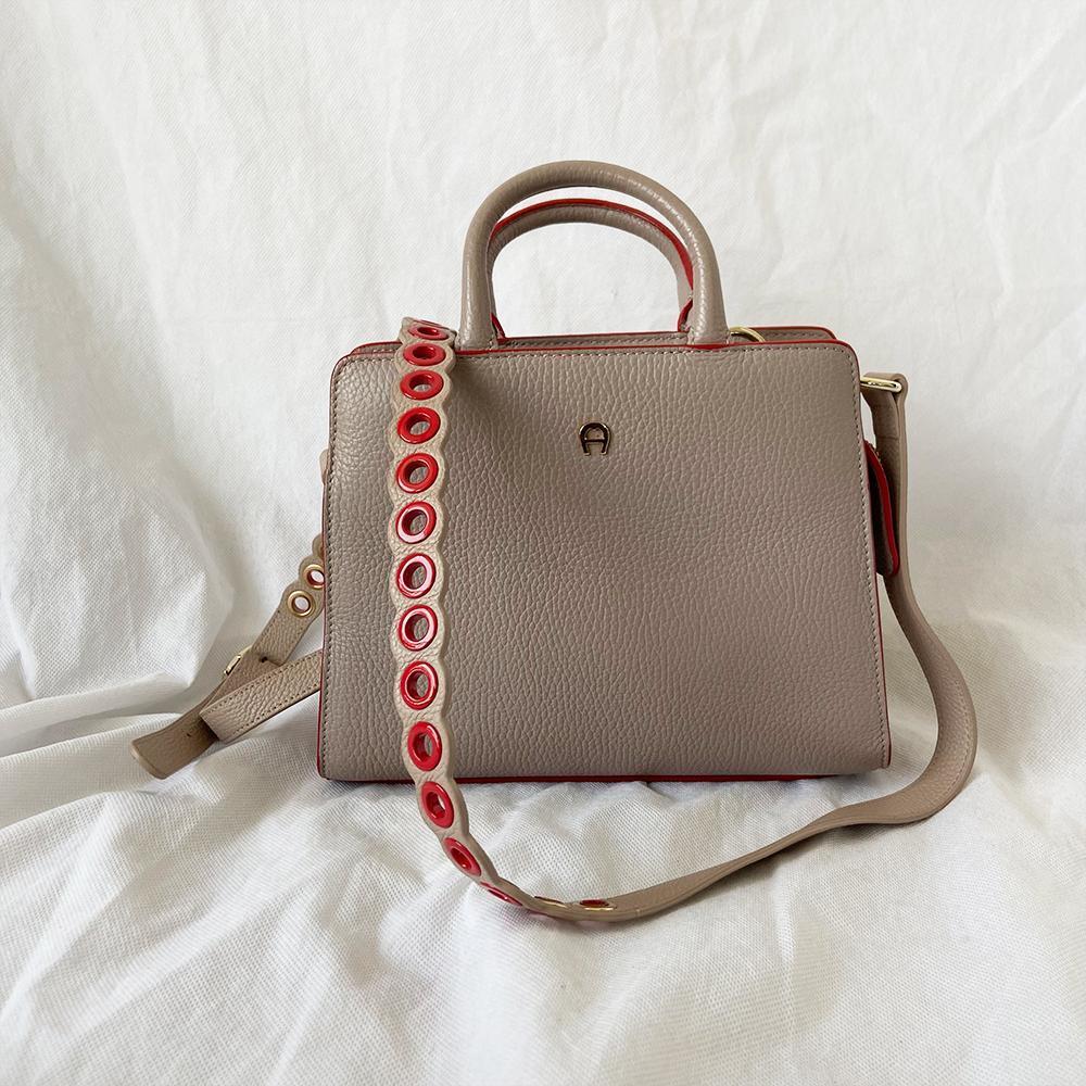 Aigner Cybill Dusty Beige Tote Bag with Red Trim and Studded Strap