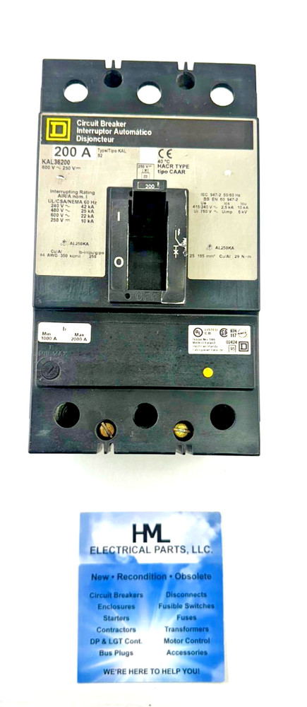 Square D, Kal36200, 200A, 600V, 3 Pole Circuit Breaker *New Old Stock