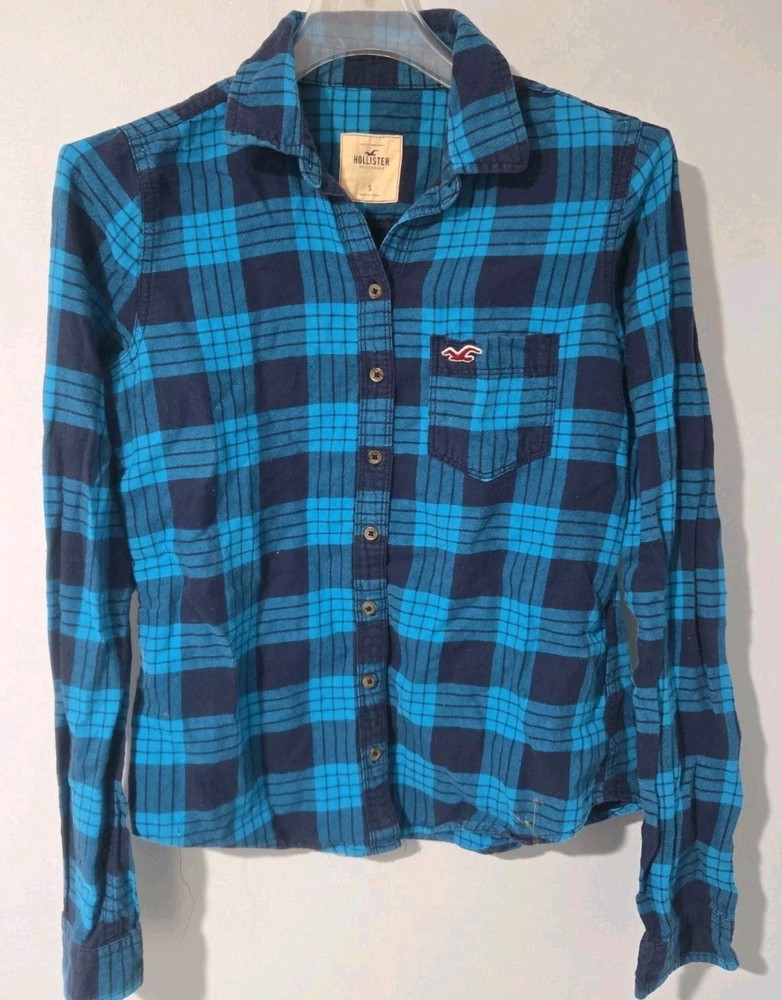 Hollister Womens Blue Plaid Flannel Shirt Size Small Button Up Long Sleeve...