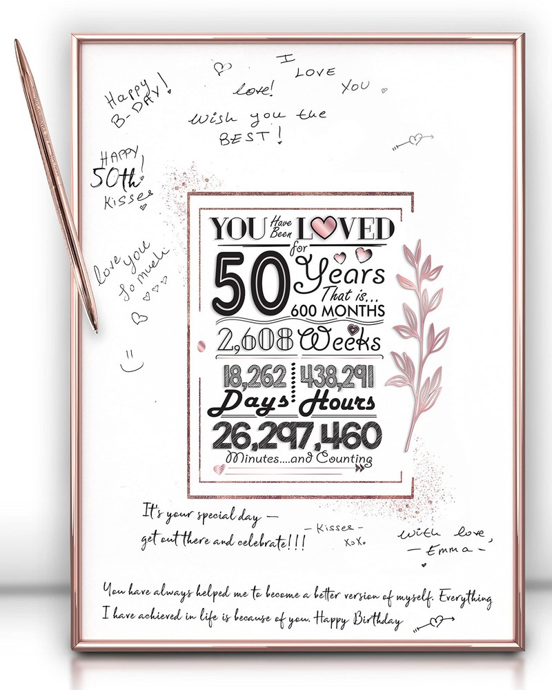 Framed 50th Birthday Guest Book Alternative 12x16 Gold Anniversary Sign for Women