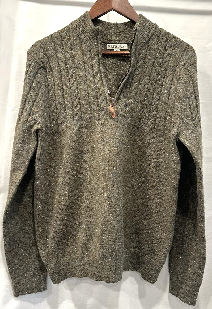 Frye & Co Men's Medium Green 1/4 Zip Cable Knit Sweater Poly + Wool Blend