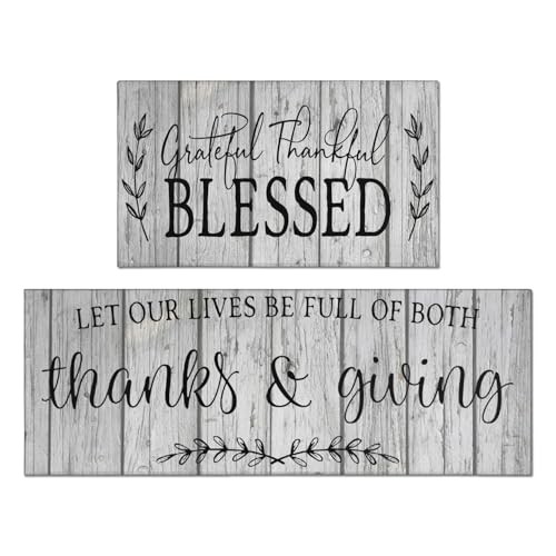 Non-Slip Kitchen Rug Set of 2 with Blessed Design 17x47 and 17x30 Inches