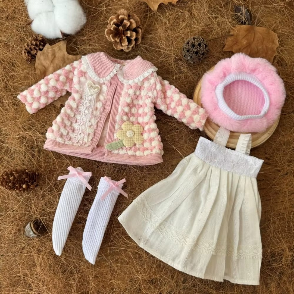 Blythe Doll Pink Knitted Coat White Dress Outfit Beret Socks Clothes Set 1/6 BJD